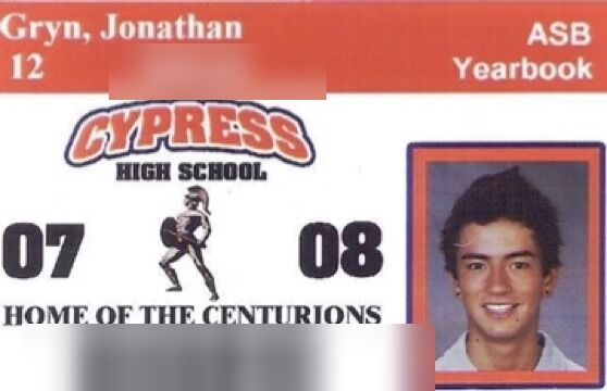 Jon Gryn's 2007–08 Cypress High School ASB card, with the student ID number and barcode blurred