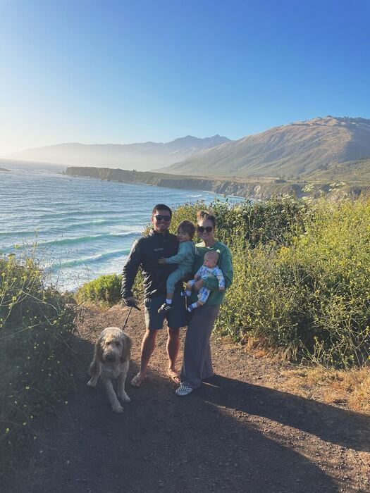 Jon Gryn with his wife Debbie, their two sons and Oaklie the goldendoodle on the Big Sur coast